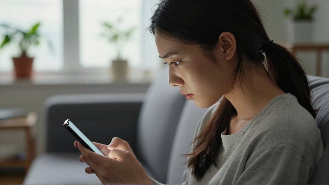 Perfil de una mujer joven sentada en un sofá mirando intensamente su teléfono móvil.