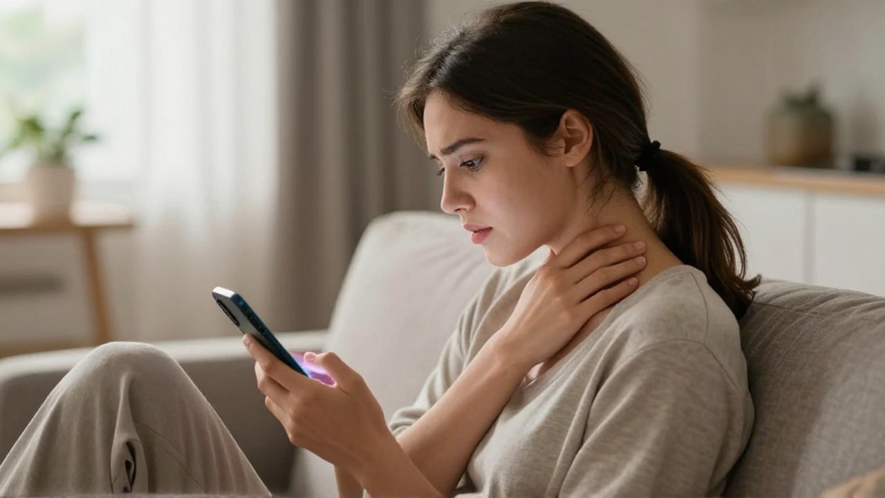 Mujer joven sentada en un sofá mirando su teléfono con la postura encorvada.