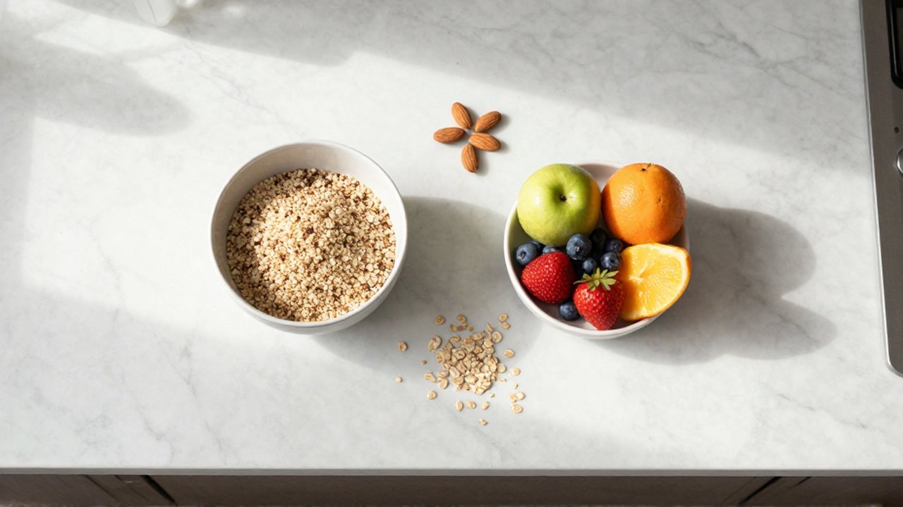 Preparación saludable sobre un mostrador de mármol con un bol de quinoa, frutas frescas y frutos secos.