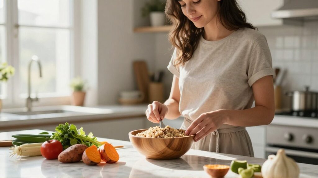 Mujer joven prepara una ensalada de quinoa y boniato en una cocina luminosa.