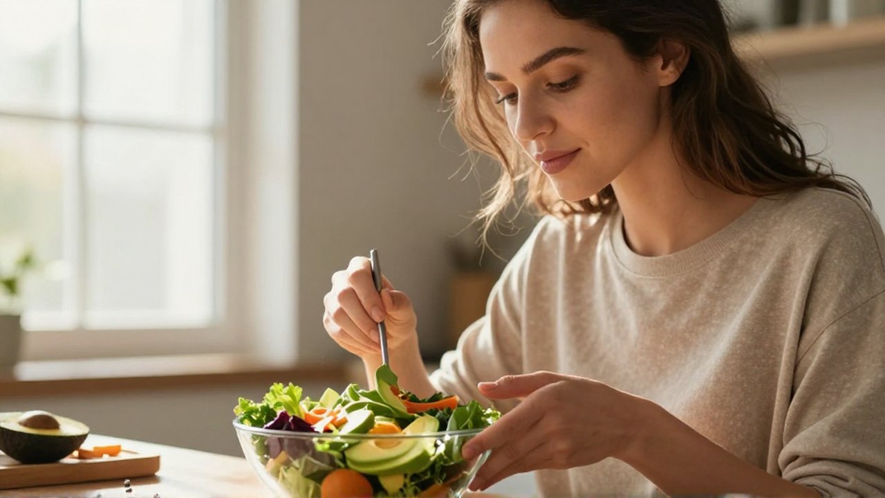 Mujer joven preparando una ensalada de aguacate y vegetales en una cocina luminosa.