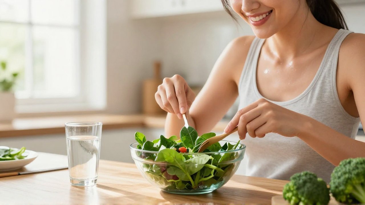 Mujer sonriente preparando una ensalada de espinacas y brócoli en una cocina luminosa.