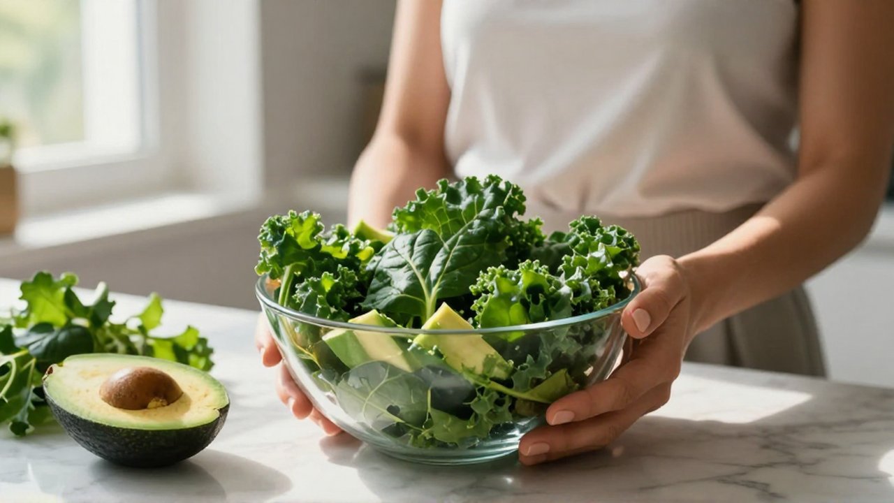 Mujer sonriente sosteniendo un cuenco de ensalada verde en una cocina luminosa y minimalista.