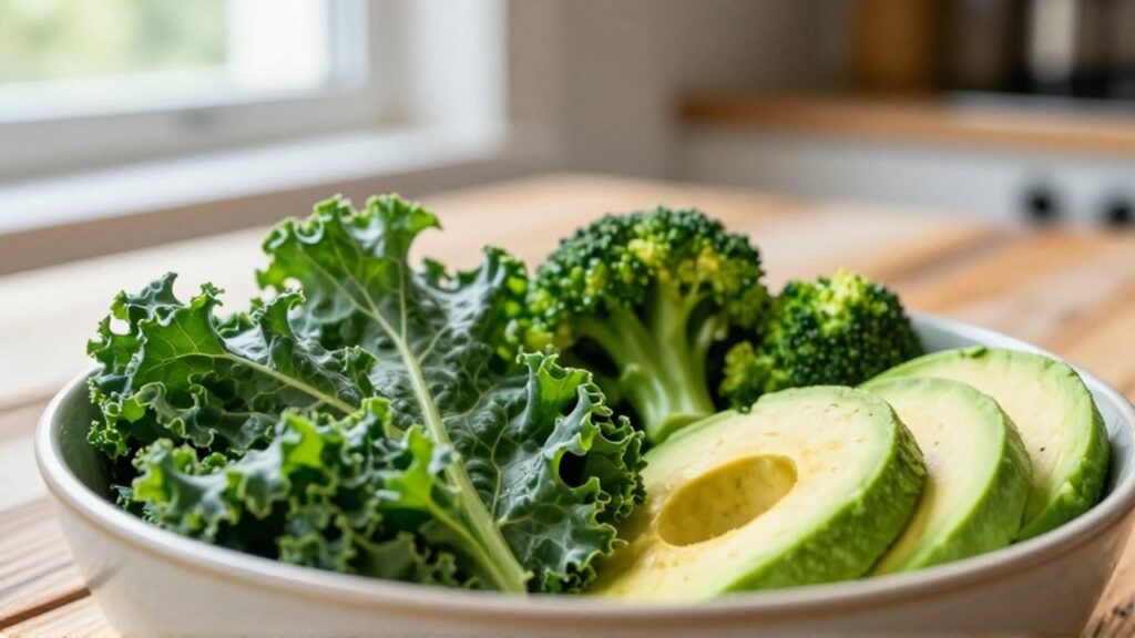 Bol de ensalada mediterránea con hojas de kale