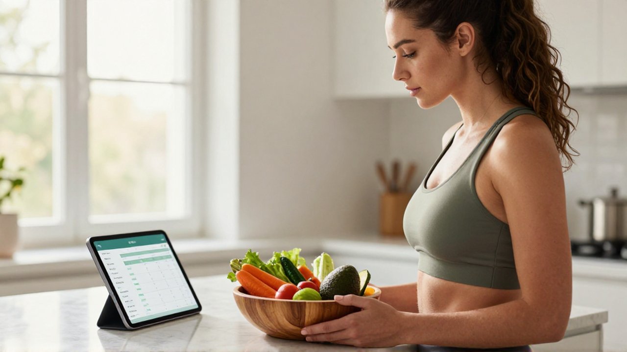 Mujer con ropa deportiva observa vegetales frescos y una tableta con una aplicación de nutrición.