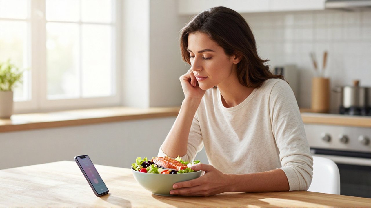 Mujer sentada a la mesa de una cocina luminosa contemplando una ensalada mediterránea y salmón.
