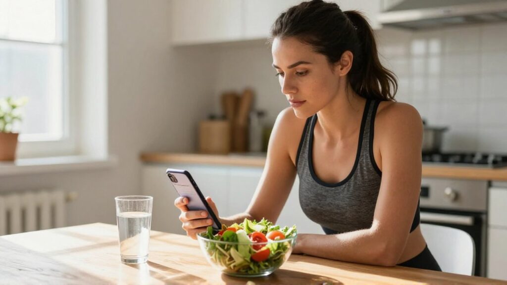 Mujer con ropa deportiva consultando una aplicación de nutrición en su móvil junto a una ensalada fresca.