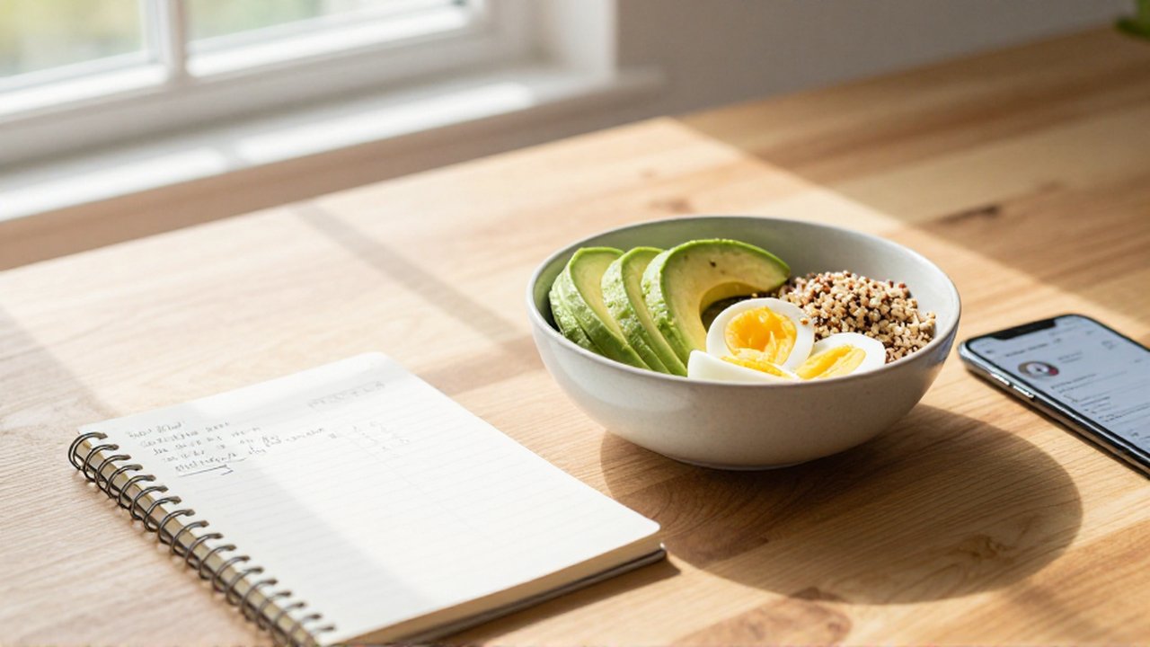 Bol de quinoa con aguacate y huevo junto a un cuaderno de notas nutricionales.