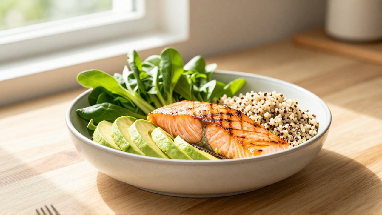 Bol de salmón a la plancha con aguacate, quinoa y verduras frescas sobre madera.
