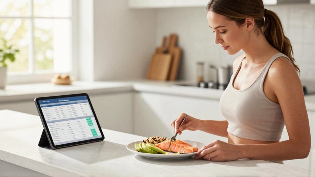 Mujer preparando un plato de salmón
