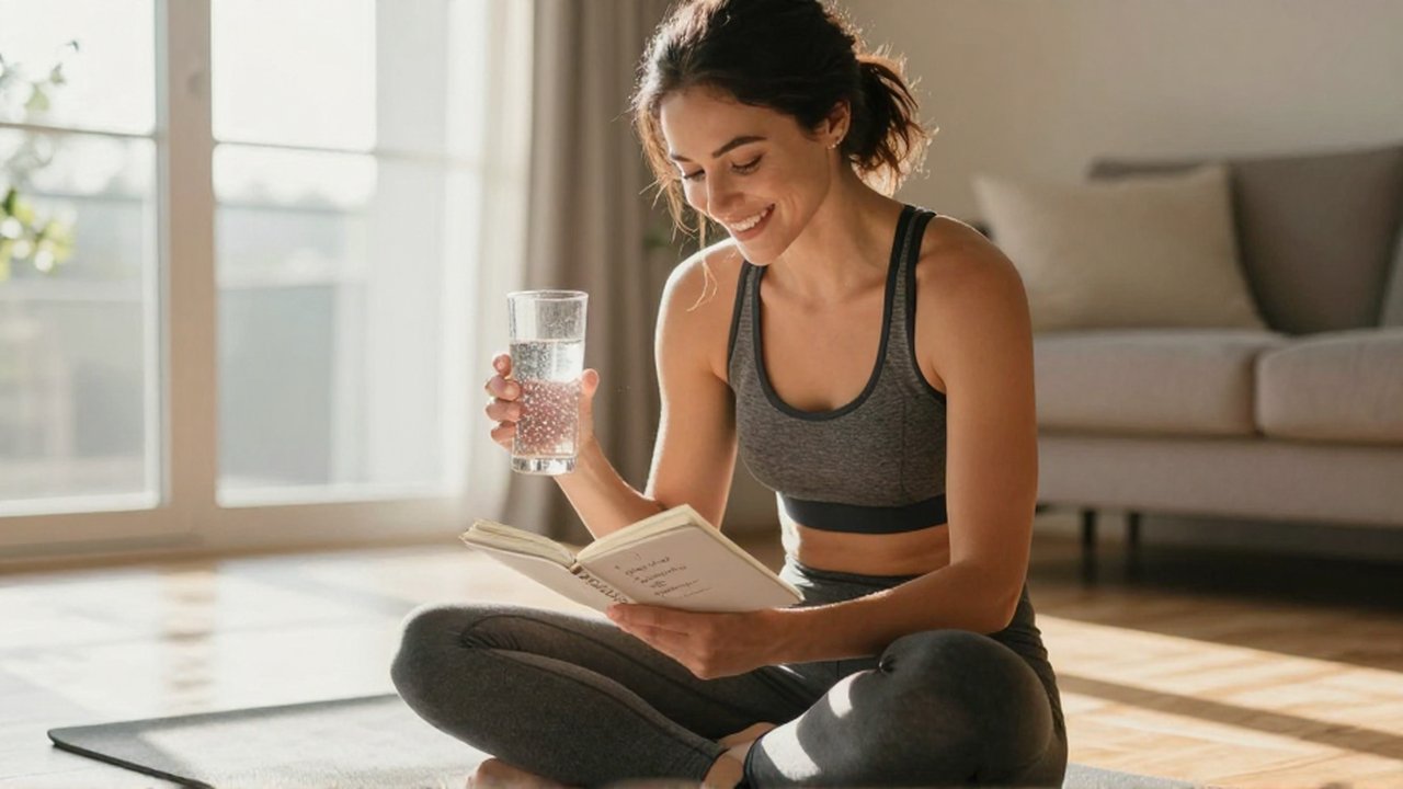 Mujer sonriente con ropa deportiva sentada en su mat de yoga revisando un diario de entrenamiento.