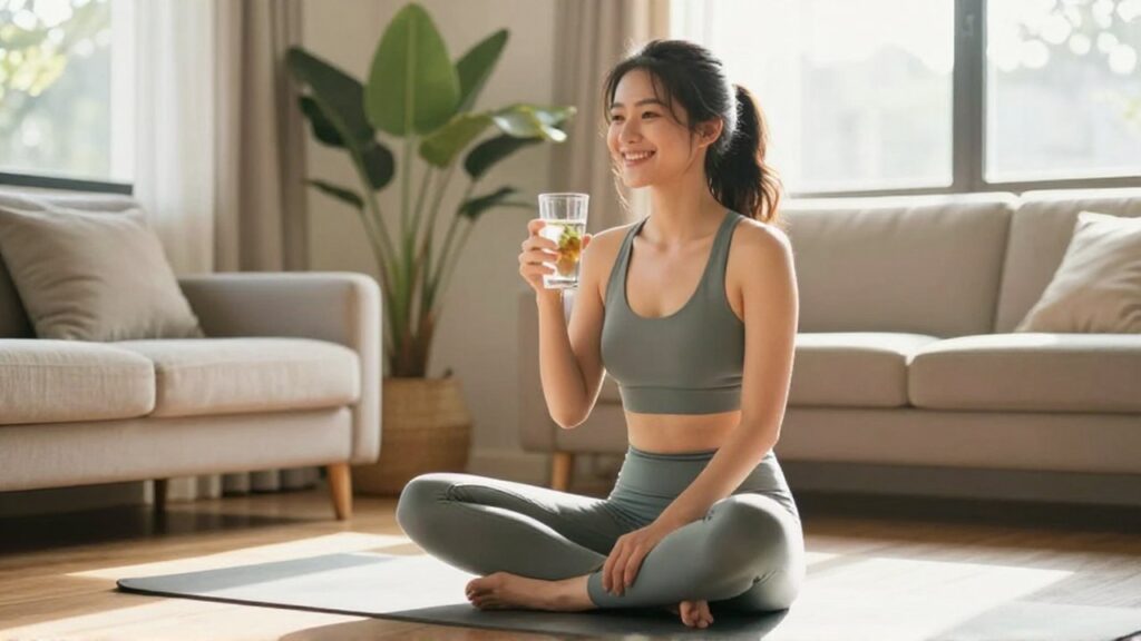 Mujer sonriente sentada en una esterilla de yoga sosteniendo un vaso de agua infusionada.