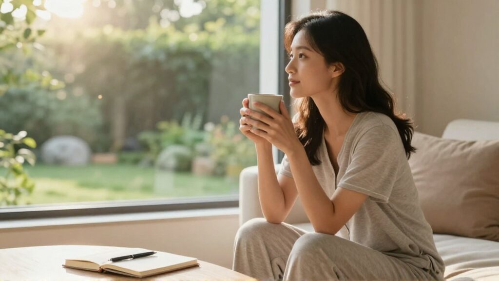 Mujer joven sentada en un salón luminoso contemplando un jardín mientras sostiene una taza de cerámica.