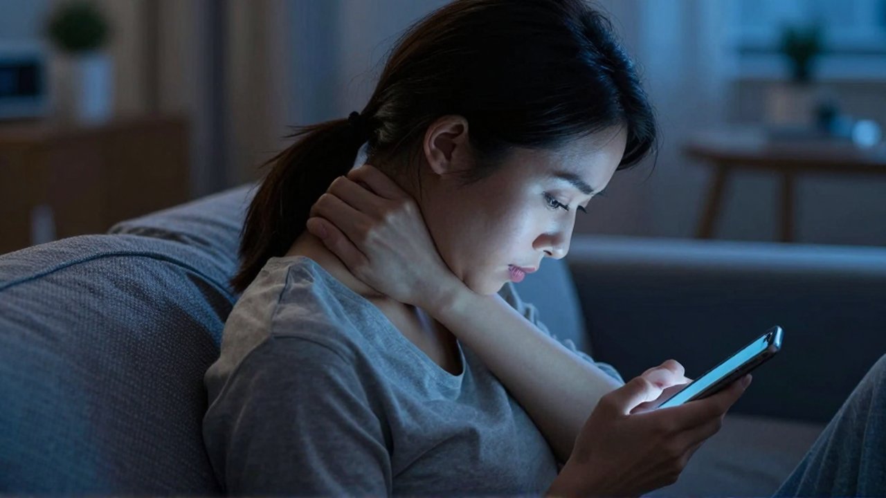 Mujer sentada en un sofá con mala postura mientras mira su teléfono móvil.