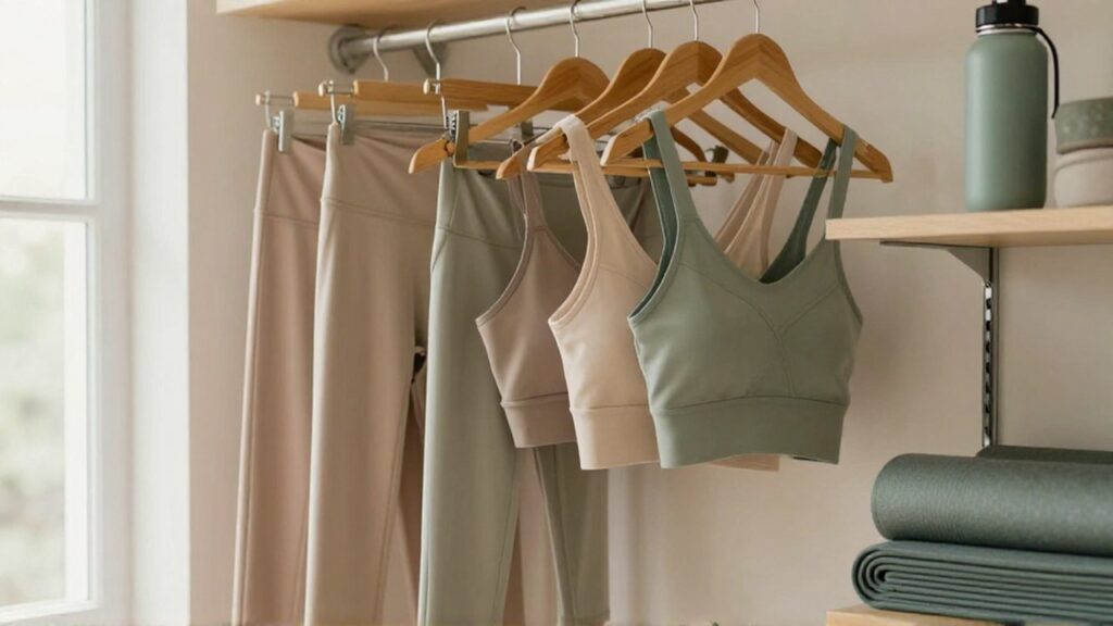 Ropa deportiva de tonos neutros organizada en un vestidor luminoso con esterillas dobladas.