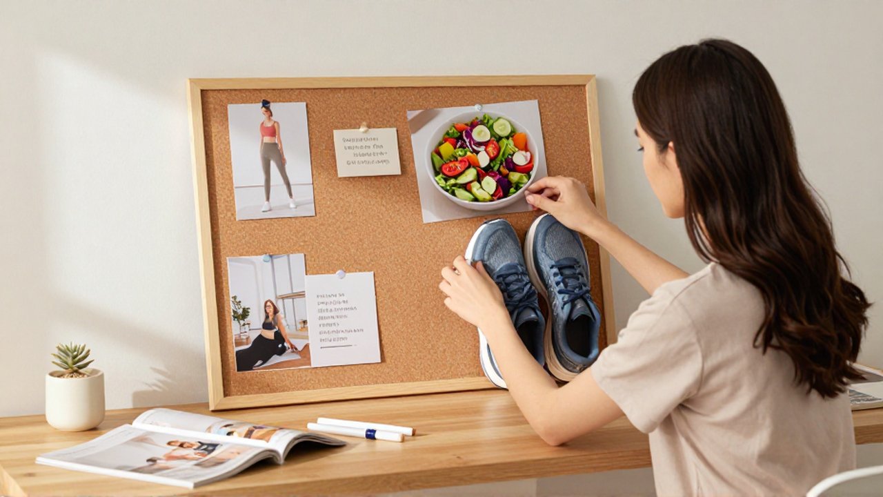 Mujer joven preparando un tablero de visión con imágenes de alimentación saludable y deporte.