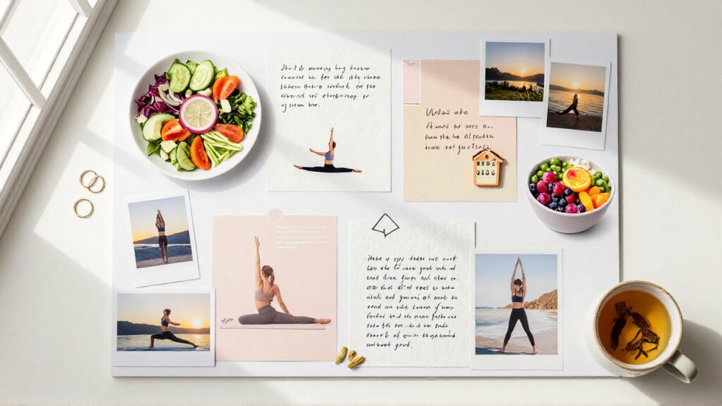 Vision board estético con recortes de comida saludable