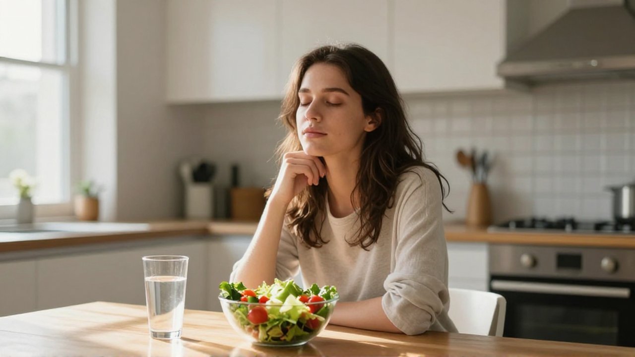 Mujer joven con expresión serena desayunando una ensalada en una cocina luminosa y moderna.