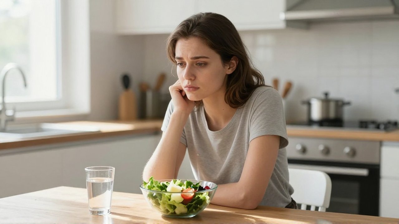 Mujer joven sentada a la mesa de una cocina luminosa con una ensalada frente a ella.