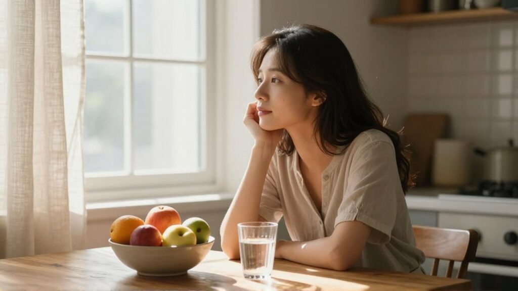 Mujer sentada en una mesa de madera con fruta fresca frente a una ventana iluminada.