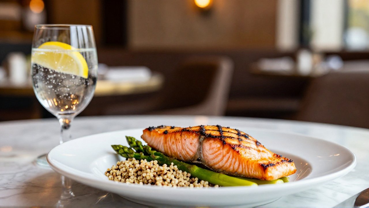 Salmón a la parrilla con espárragos y quinoa junto a un vaso de agua con limón.