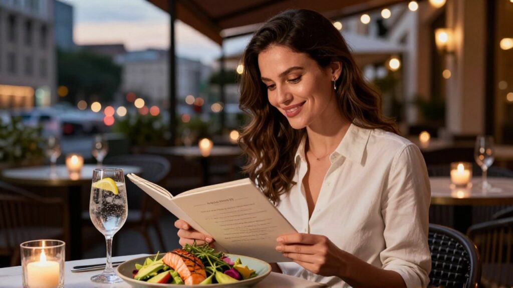 Mujer sonriente frente a una ensalada de salmón y aguacate en una terraza al atardecer.