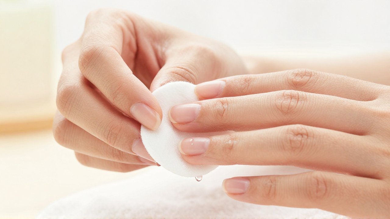 Manos femeninas con manicura delicada retirando el esmalte de uñas con un algodón.