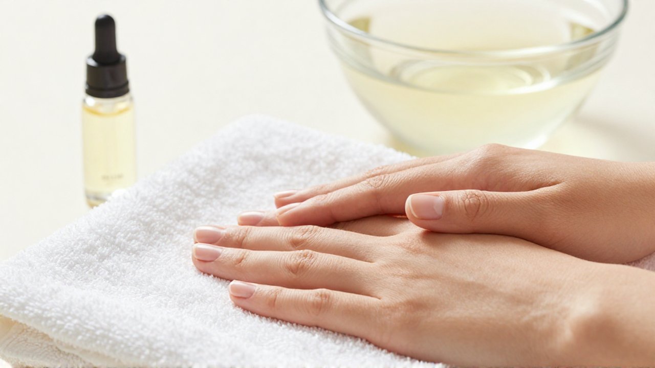 Manos de mujer con uñas naturales cuidadas descansando sobre una toalla de lino blanco.