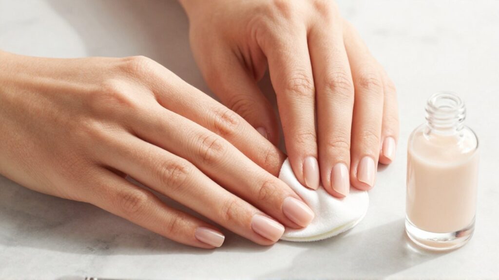 Manos femeninas limpiando restos de esmalte con un algodón sobre una superficie de mármol.