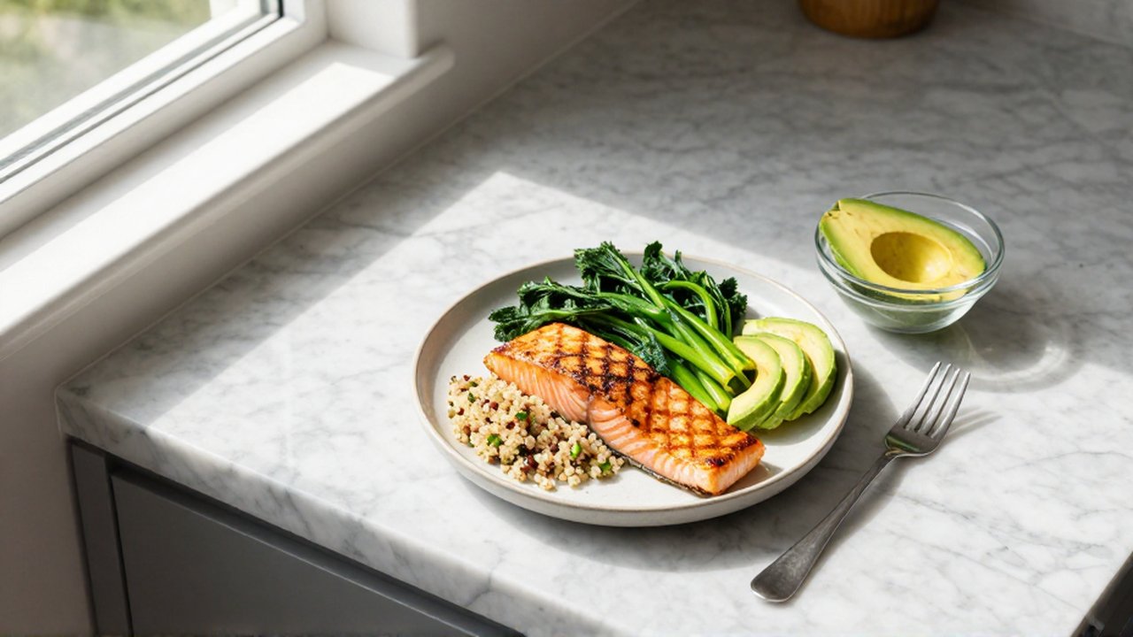 Plato de salmón a la plancha con quinoa, verduras al vapor y aguacate sobre mármol.