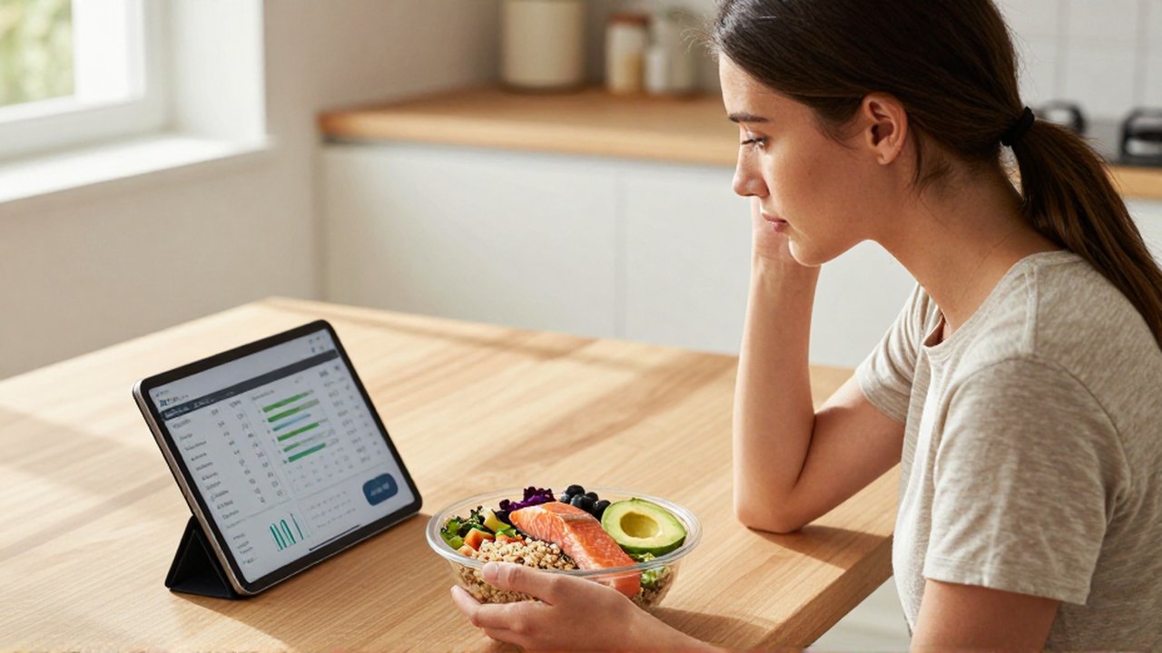 Mujer concentrada analizando un bol de salmón y quinoa junto a una tableta con gráficos nutricionales.