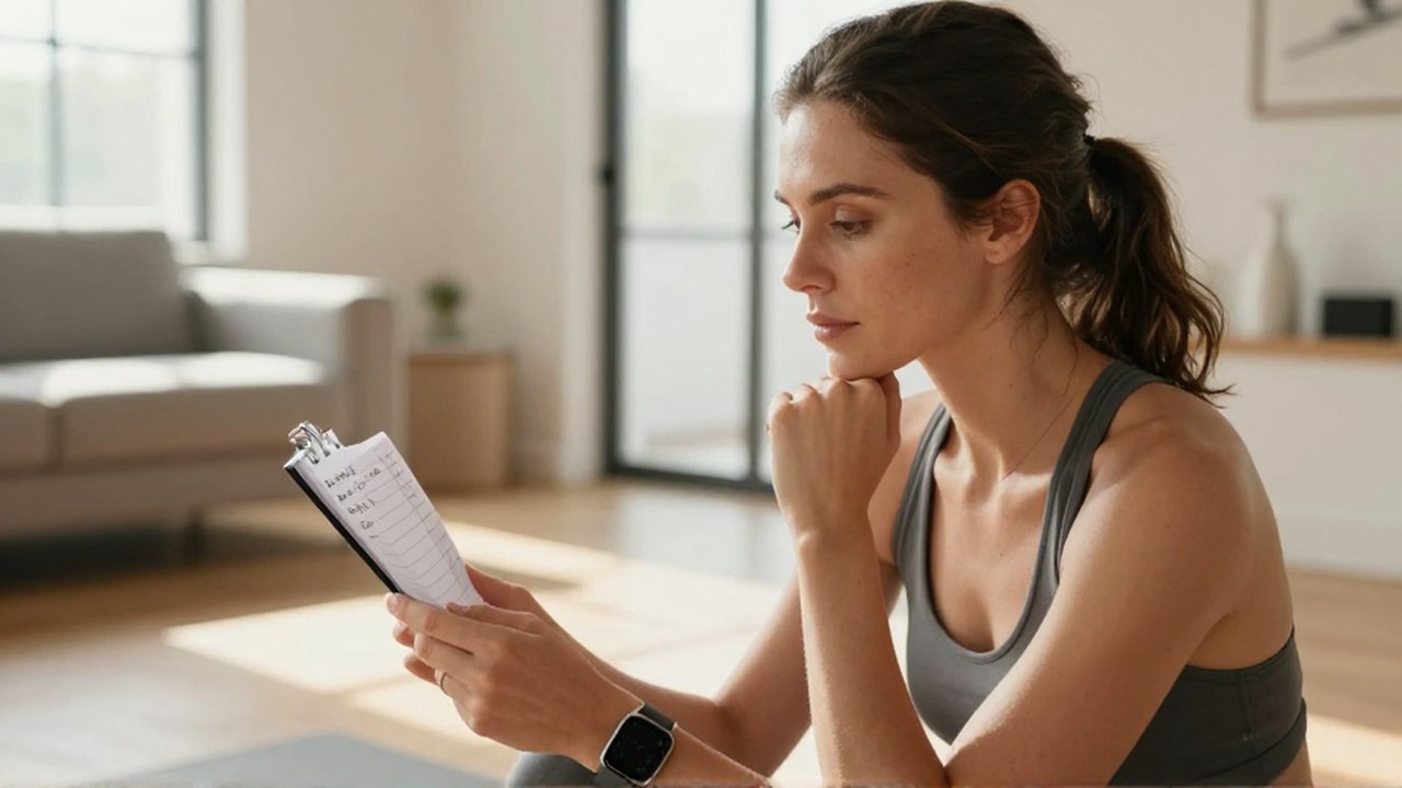 Mujer sentada en una esterilla revisando con calma su planificador de ejercicios y un reloj inteligente.