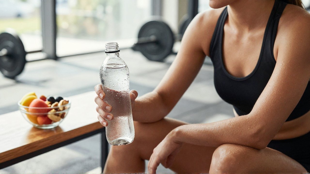 Mujer atlética descansando en el gimnasio con una botella de agua y frutas nutritivas.