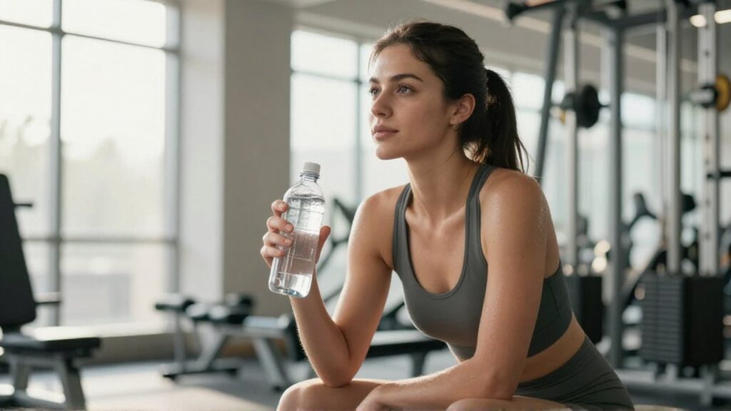 Mujer joven descansando en un gimnasio luminoso mientras sostiene una botella de agua con electrolitos.