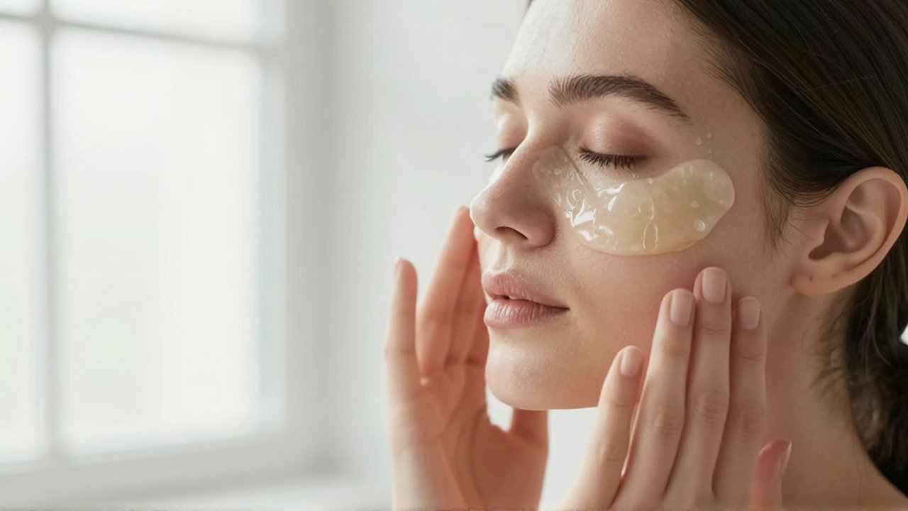 Mujer serena aplicándose una máscara de gel para los ojos en un entorno de spa luminoso.