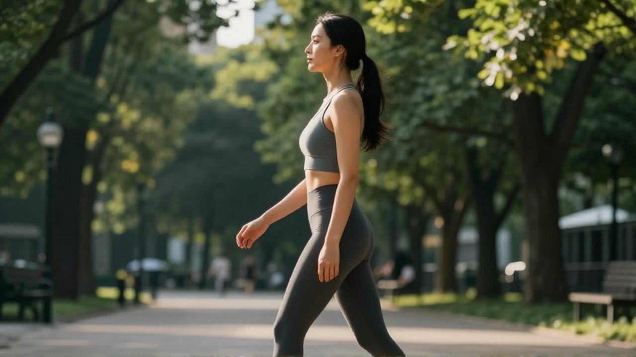 Mujer con postura erguida y elegante caminando por un parque urbano iluminado por el sol.