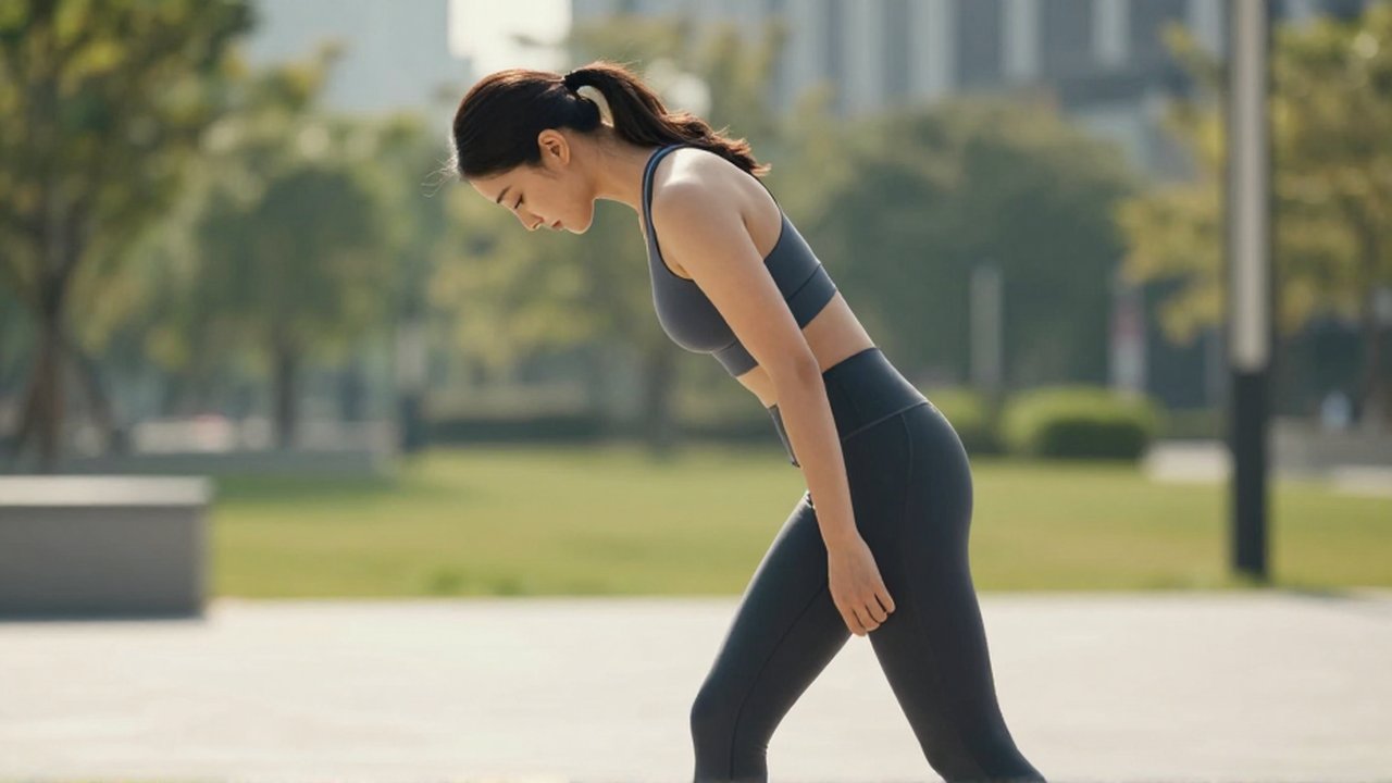 Mujer con postura encorvada y hombros adelantados caminando por un parque urbano moderno.
