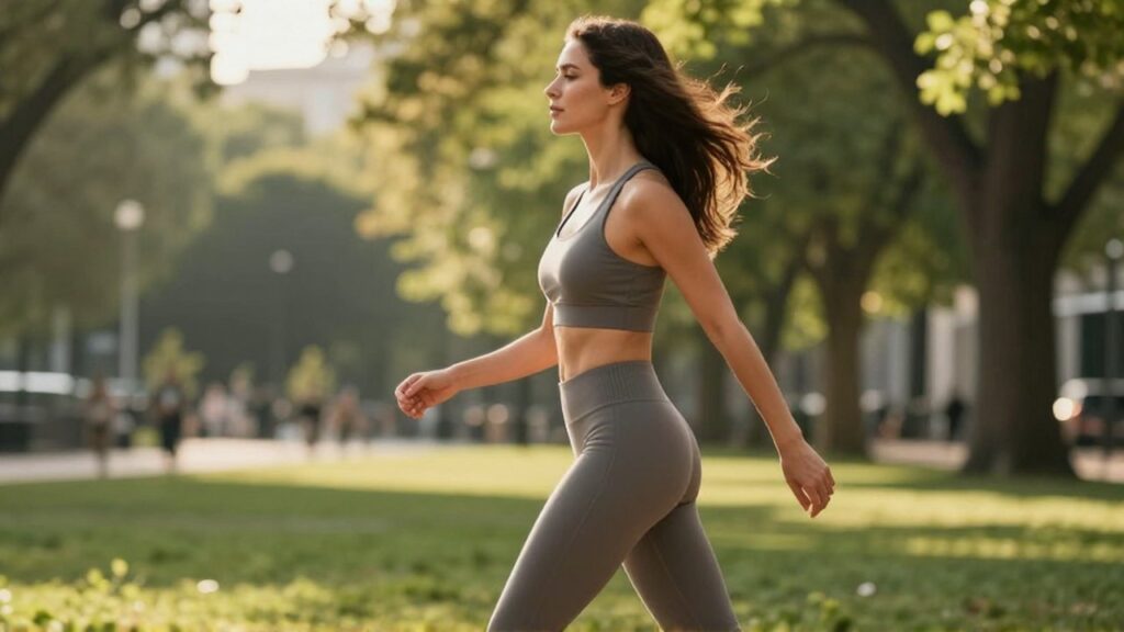Mujer con postura elegante y ropa deportiva caminando por un parque iluminado por el sol.