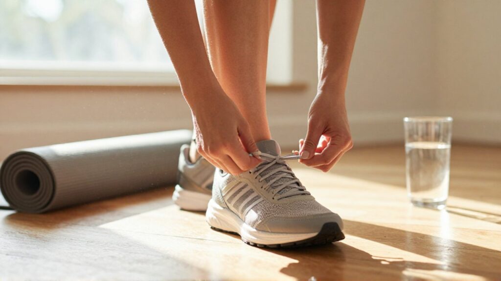 Una mujer joven se ata los cordones de sus zapatillas deportivas en un suelo luminoso.