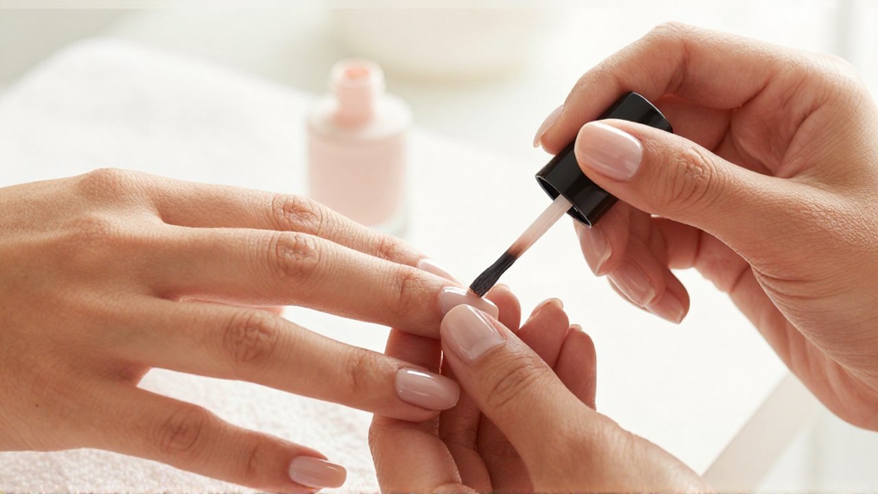 Primer plano de unas manos aplicando brillo transparente sobre una manicura profesional.