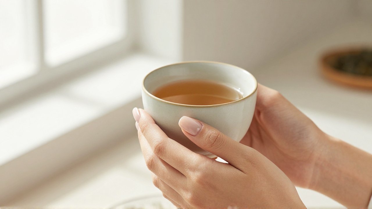 Manos de una mujer con manicura nude sosteniendo una taza de té bajo la luz del sol.