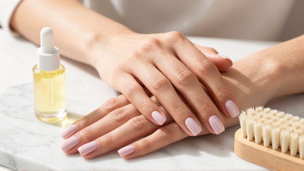 Manos con manicura en tonos pastel sobre mármol junto a aceite para uñas y un cepillo.