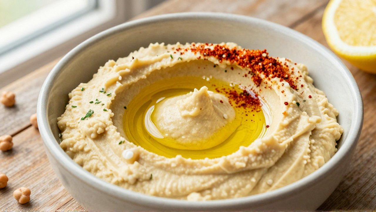 Cuenco de cerámica con hummus cremoso decorado con aceite de oliva, pimentón y perejil sobre madera.