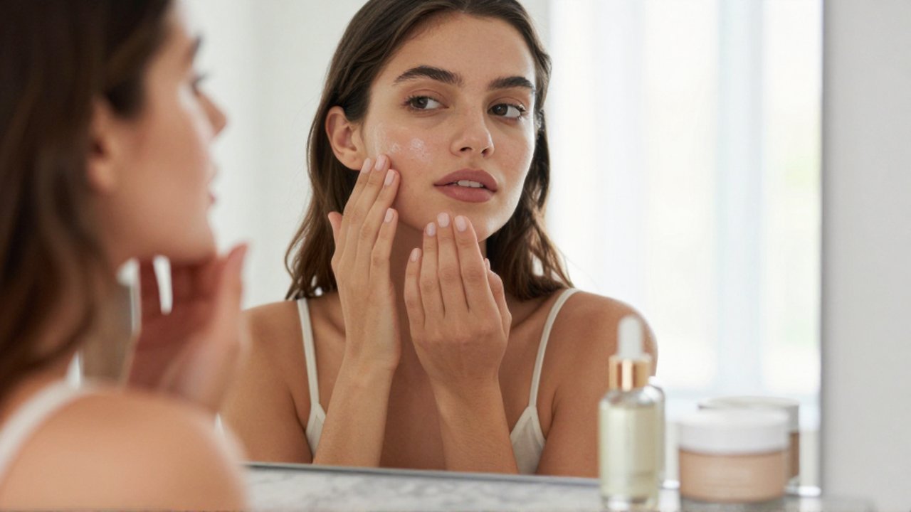 Mujer joven tocando su mejilla frente al espejo con productos de cuidado facial en primer plano.