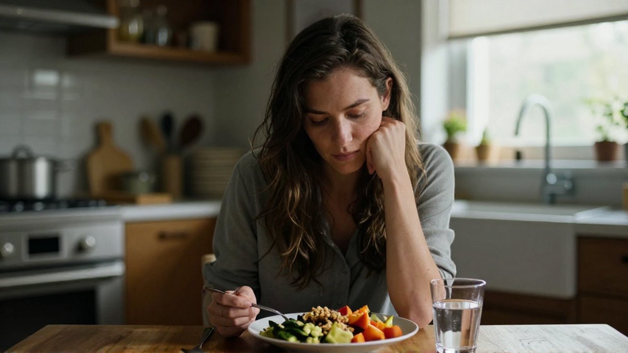 Mujer pensativa sentada ante un plato de comida saludable en una cocina iluminada por el sol.