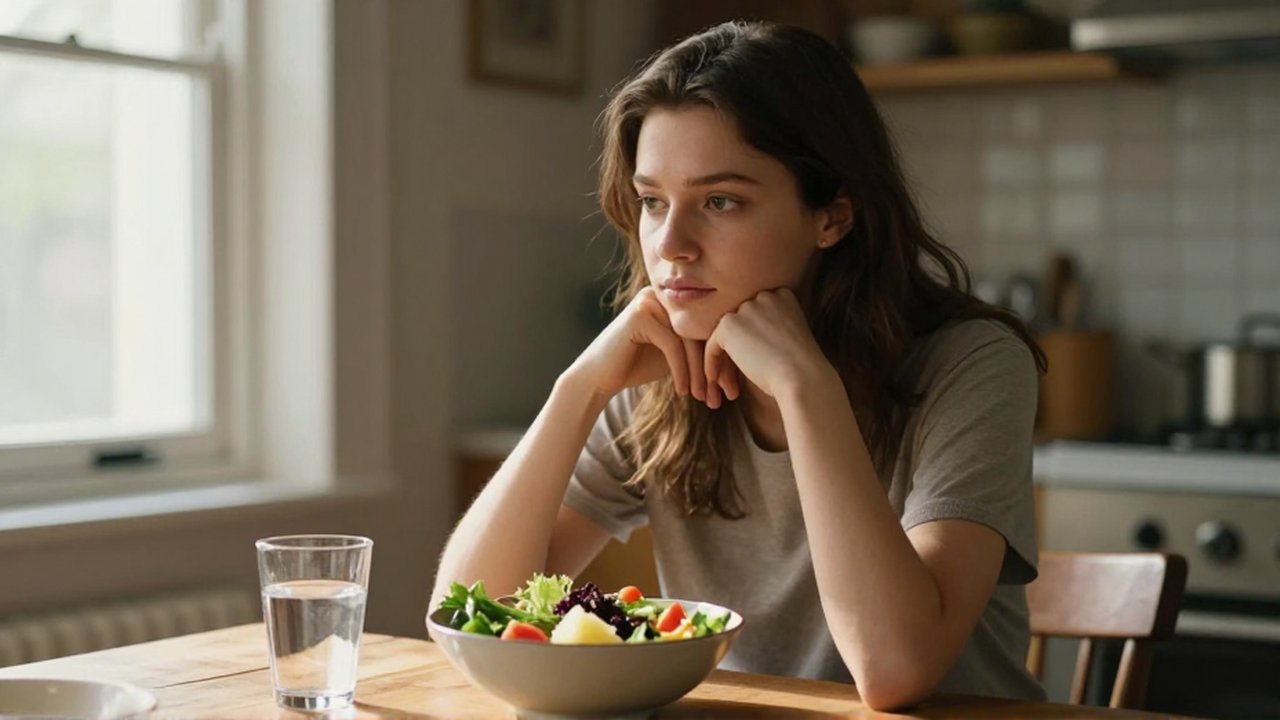 Joven sentada a la mesa con una ensalada, reflexionando bajo la luz de la mañana.