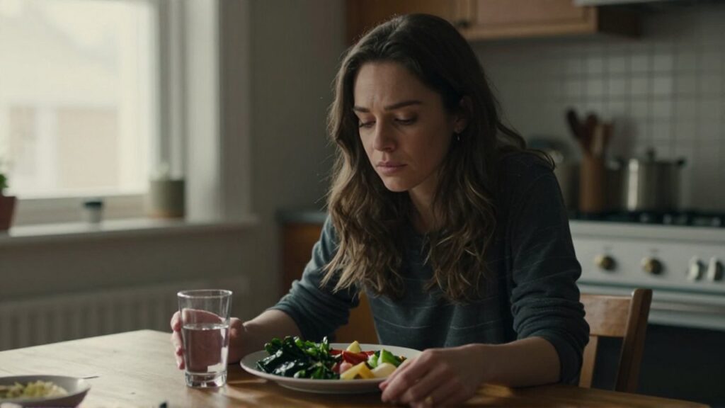 Mujer con expresión pensativa sentada ante un plato de comida saludable en una cocina iluminada.