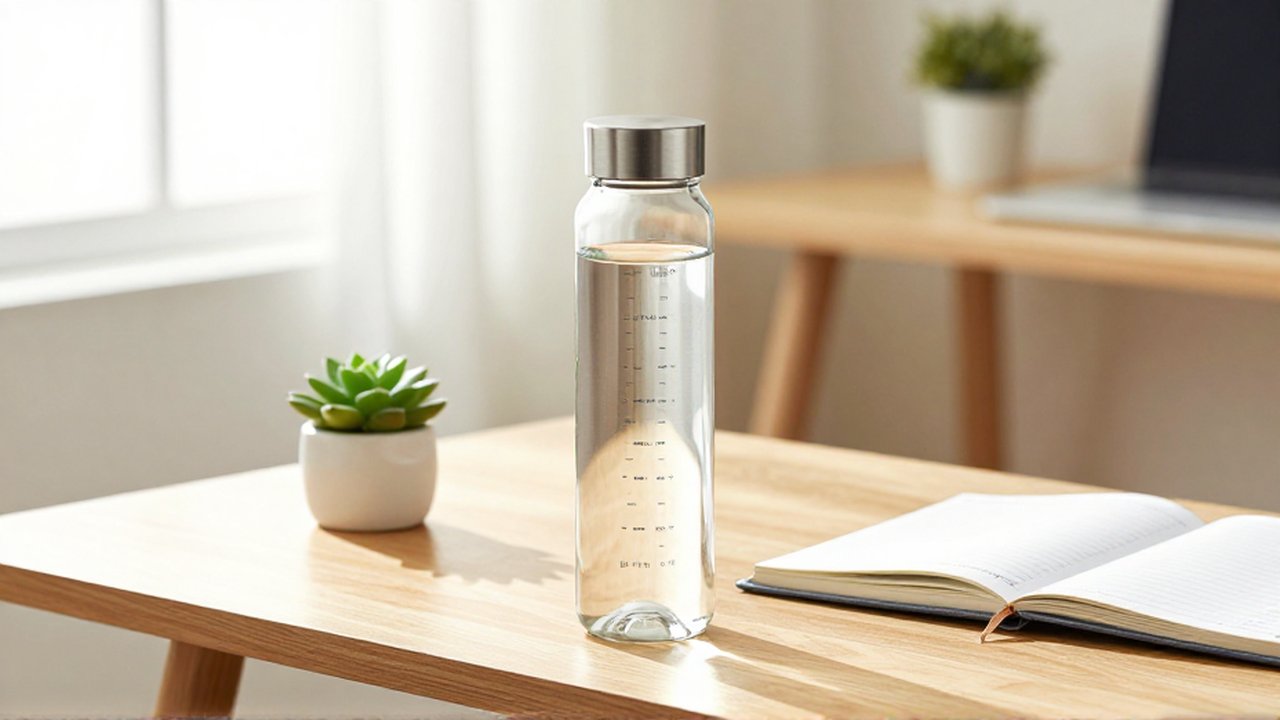 Botella de agua de cristal con marcas de tiempo sobre un escritorio de madera junto a una planta.