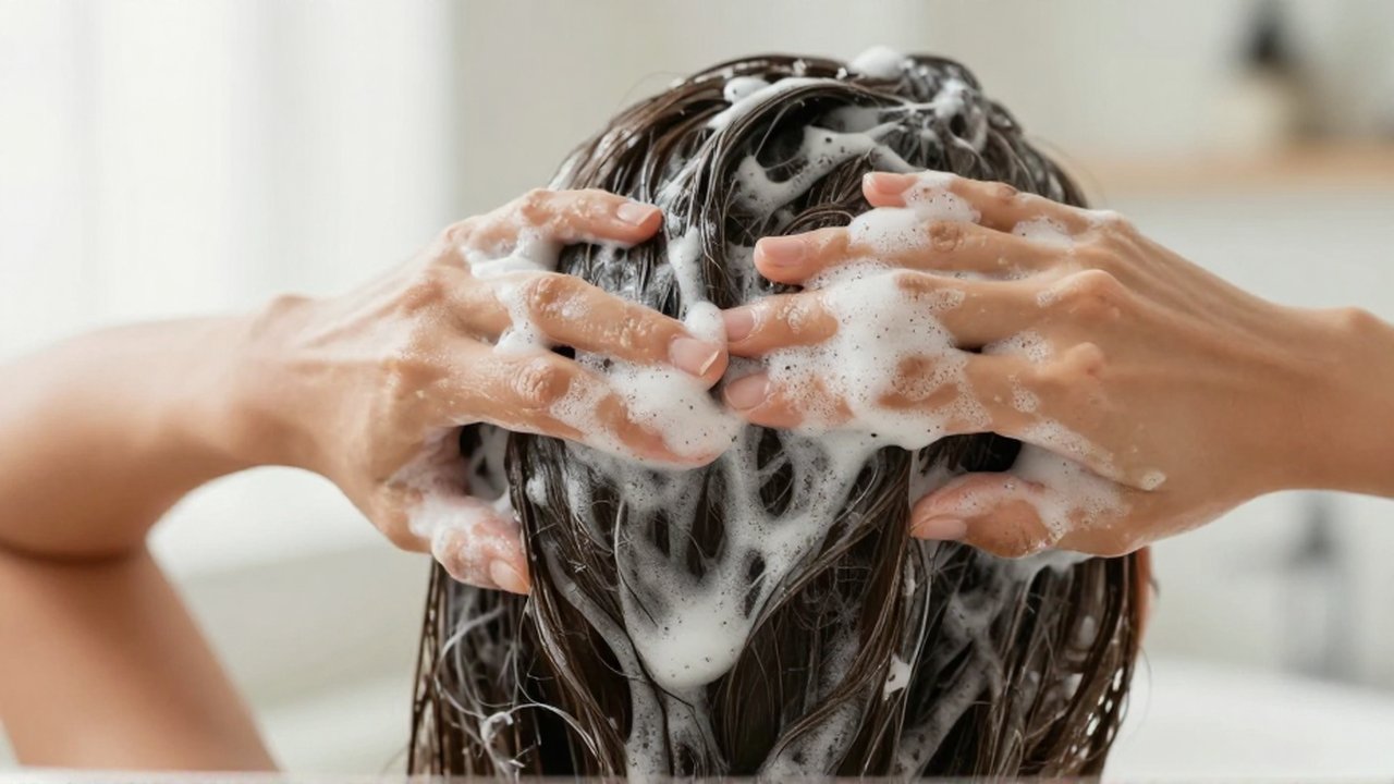 Manos de una mujer masajeando suavemente el cuero cabelludo con espuma de champú blanco.