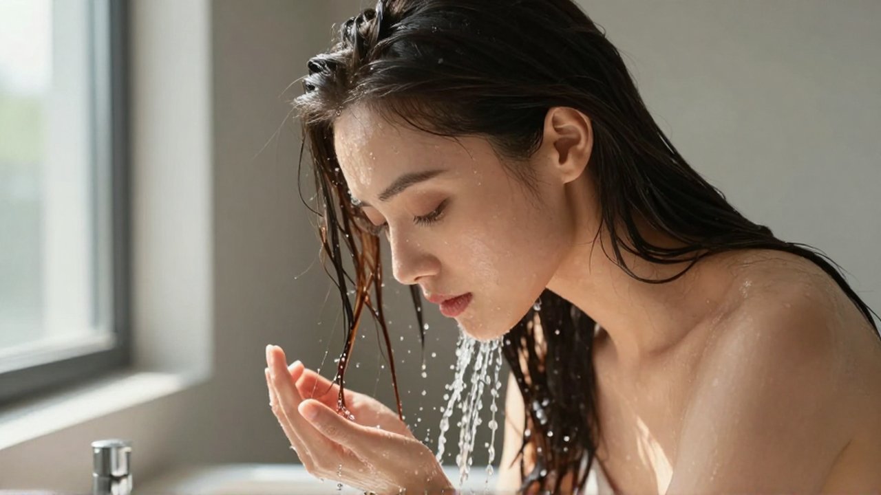 Mujer con cabello largo y brillante siendo enjuagado suavemente por un chorro de agua.
